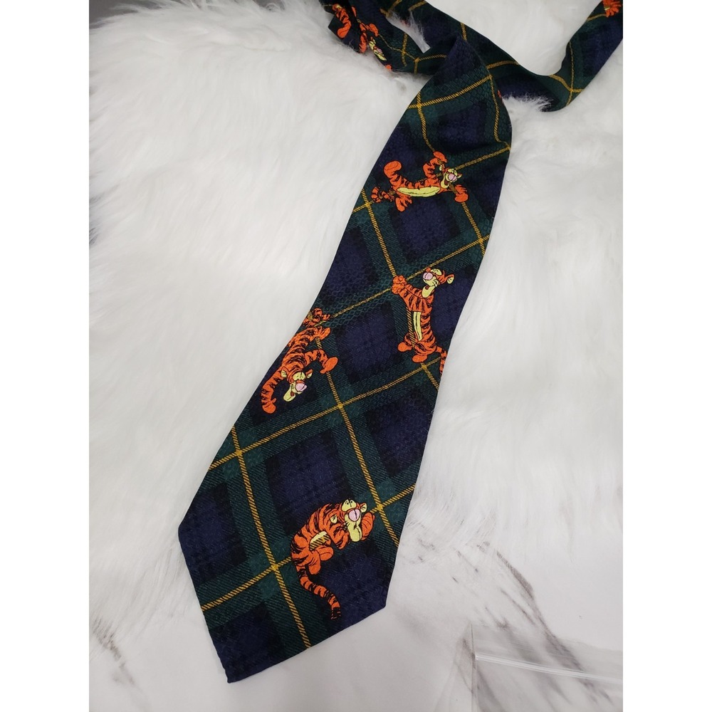 Disney Store Tigger Neck Tie 100% Silk Mens Green Plaid Winnie the Pooh Vintage
